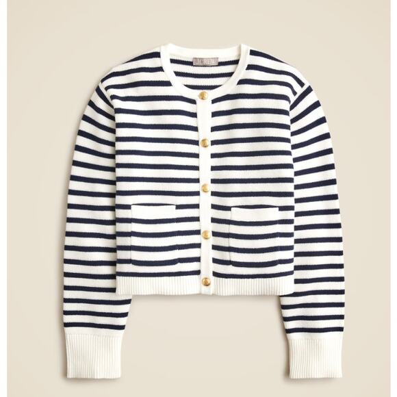 J.Crew New Relaxed Emilie Sweater Jacket Womens M White Navy Striped Cotton Knit - Picture 3 of 9